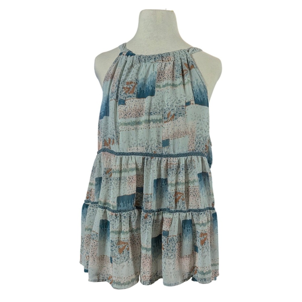 Entro Tank Top Womens Large‎ Blue Abstract Print Tiered Babydoll Boho Halter